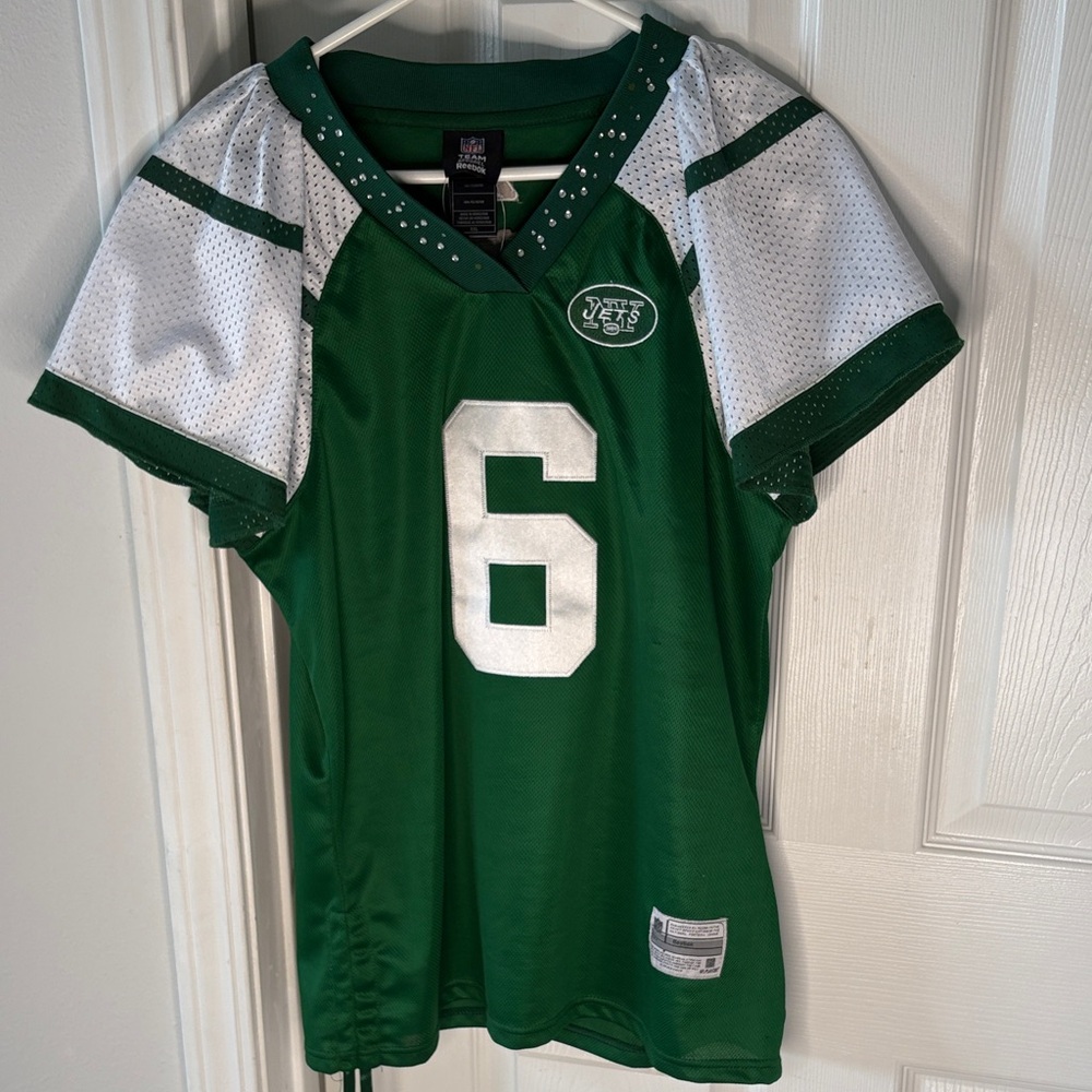 Jets #6 Mark Sanchez Green & White Bling Reebok NFL Jersey V-Neck Stones XXL